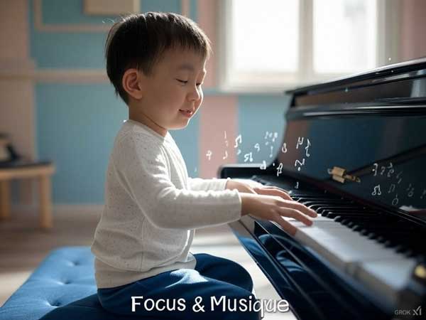 Enfant jouant du piano avec concentration